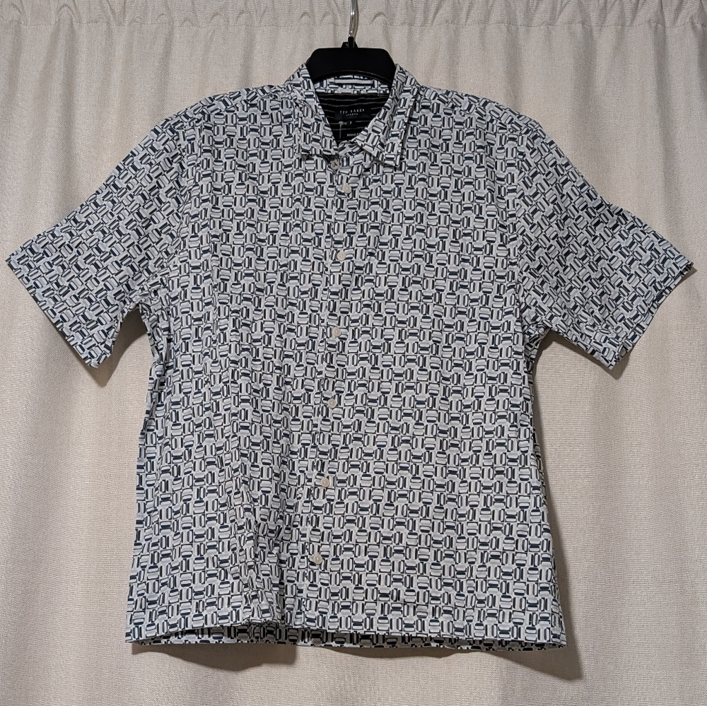 🪻Ted Baker London Astun Geometric Print Stretch Short Sleeve Button-up Shirt, 5